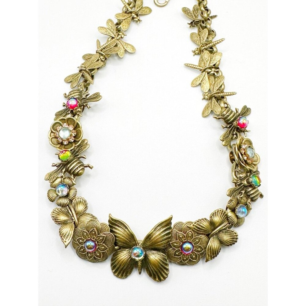 Butterfly, Bees, Dragonflies Floral Goldtone Jeweled Choker Necklace 15.5”